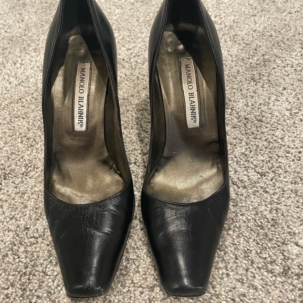 Manolo Blahnik Black Leather Square-Toe Pumps